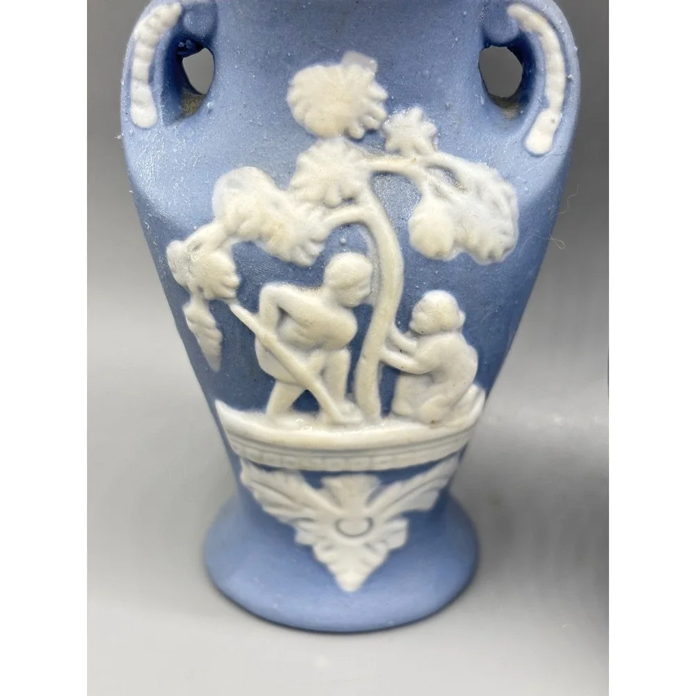 Vtg Blue Jasperware Wedgwood Style‎ Vases Pair Decorative Collectible Porcelain